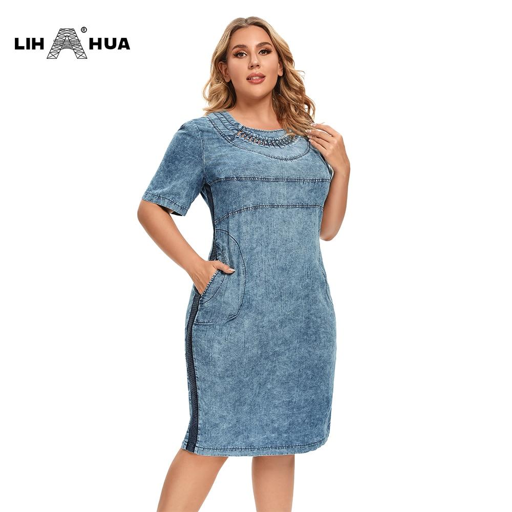 Women's Plus Size Denim Dress featuring a slim fit, knee-length design, short sleeves, and pockets, perfect for summer casual wear.