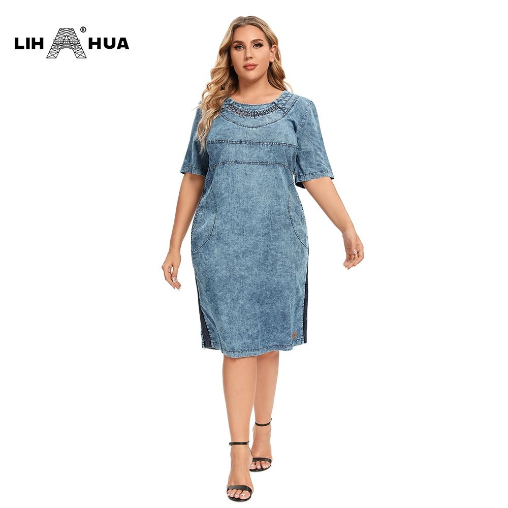 Women's Plus Size Denim Dress featuring a slim fit, knee-length design, short sleeves, and pockets, perfect for summer casual wear.