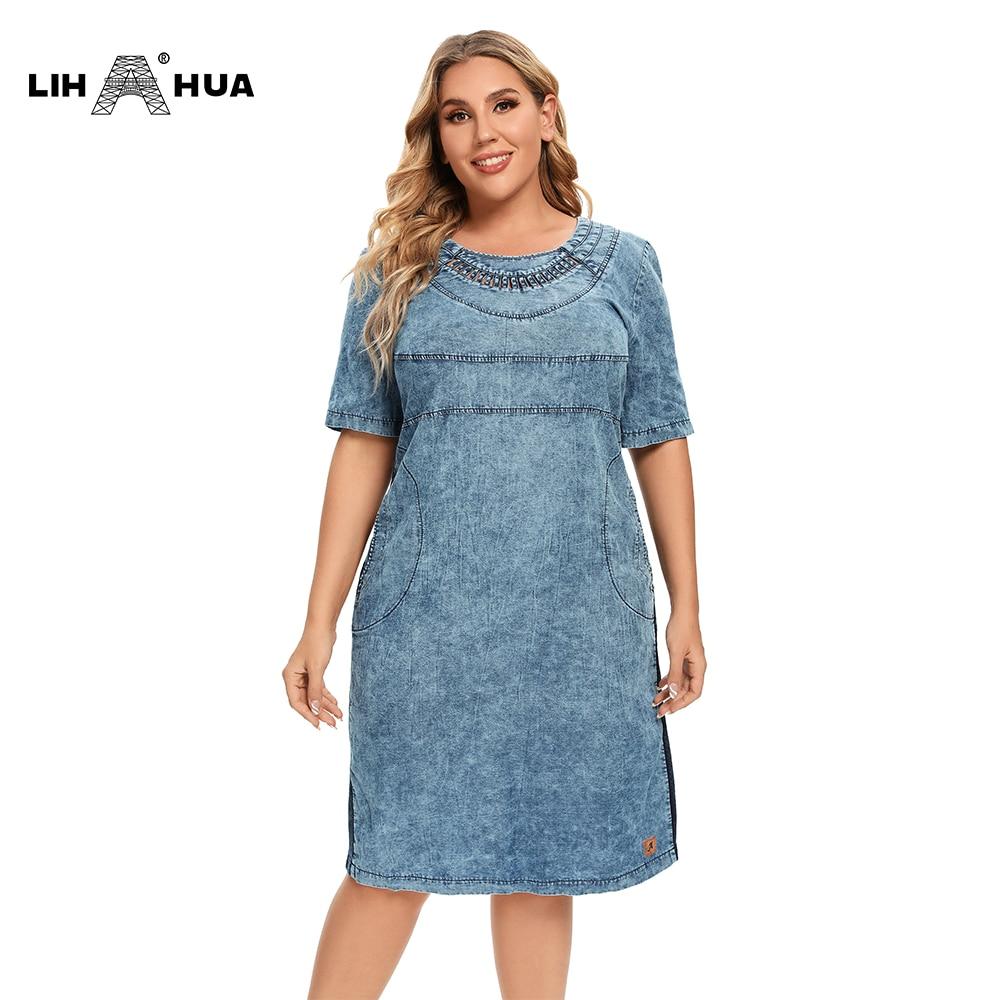 Women's Plus Size Denim Dress featuring a slim fit, knee-length design, short sleeves, and pockets, perfect for summer casual wear.