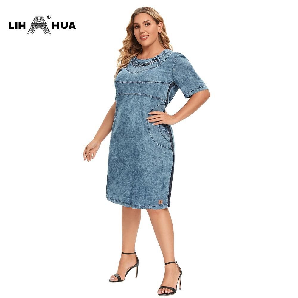 Women's Plus Size Denim Dress featuring a slim fit, knee-length design, short sleeves, and pockets, perfect for summer casual wear.