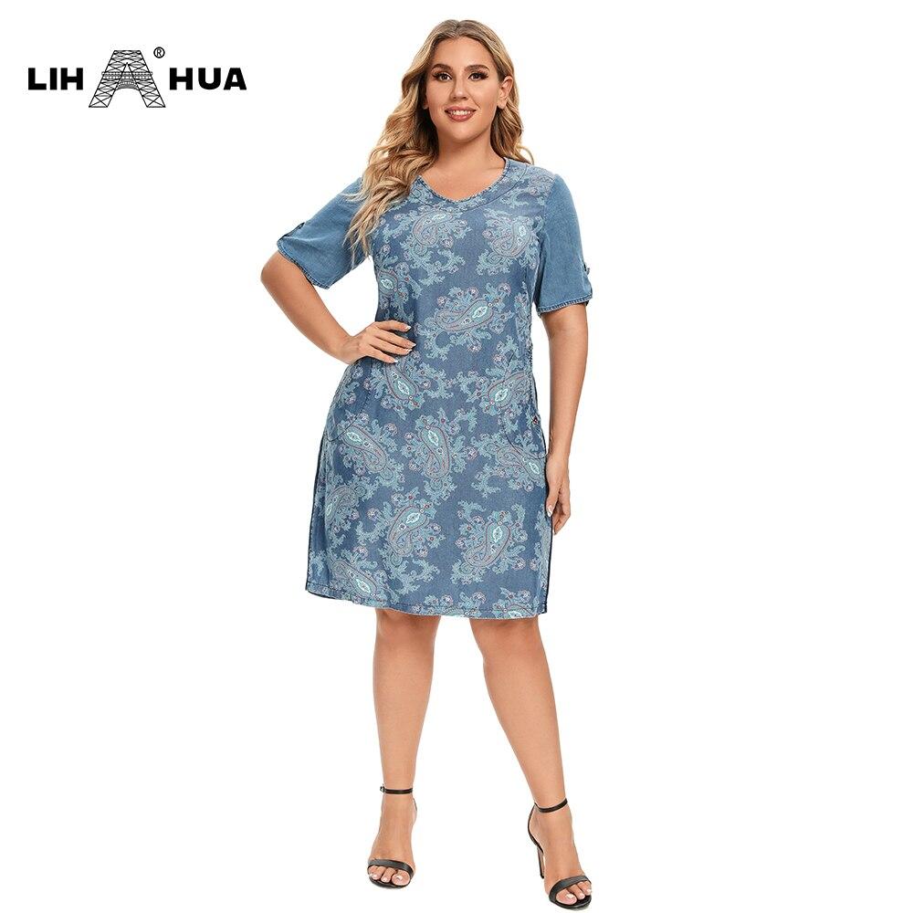 Women's Plus Size Denim Dress featuring a V-neck, short sleeves, and knee-length design, perfect for summer casual wear.