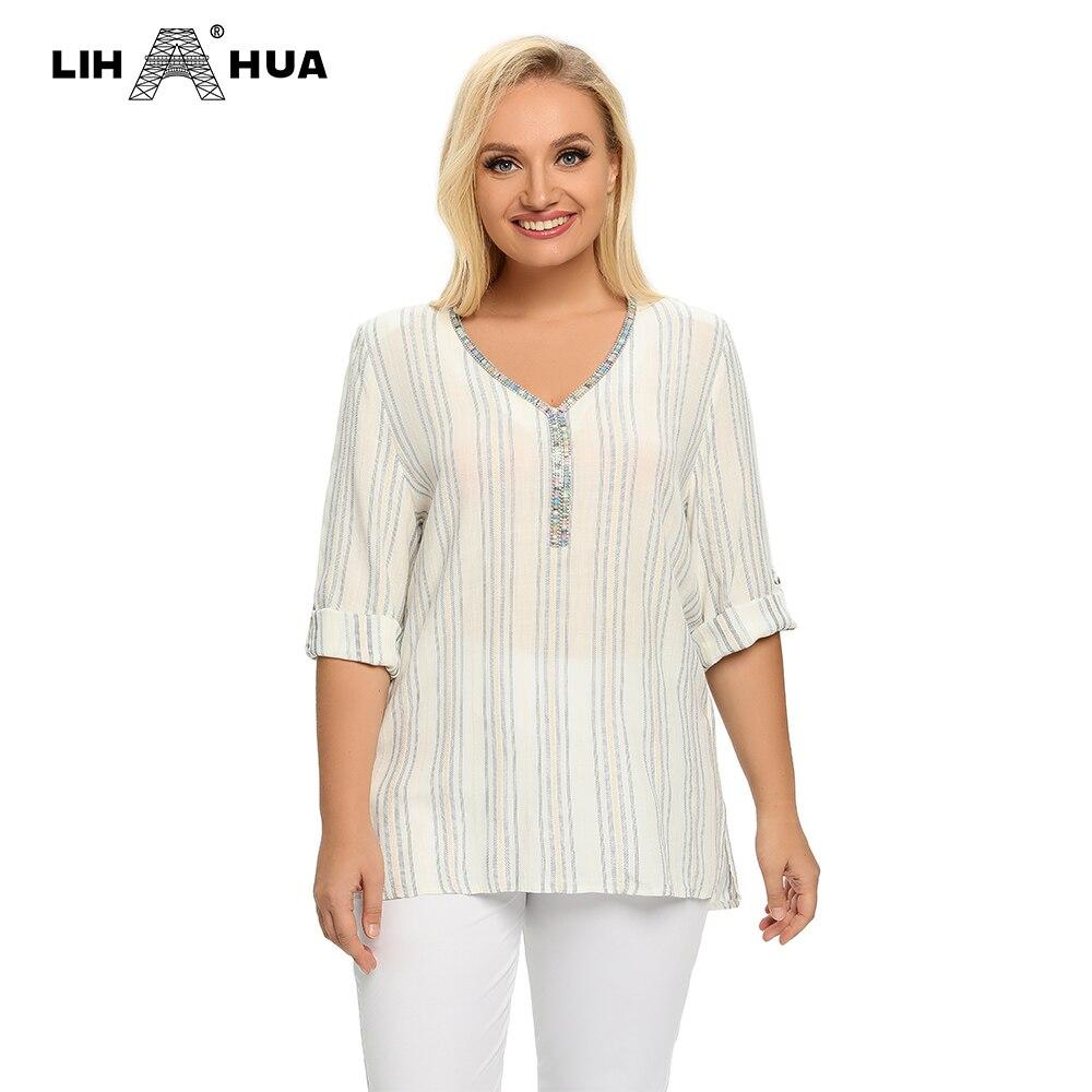 Women's plus size striped cotton top with sequined V-neck, perfect for spring and summer casual wear.