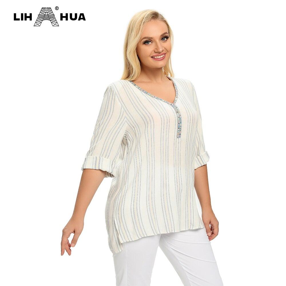 Women's plus size striped cotton top with sequined V-neck, perfect for spring and summer casual wear.