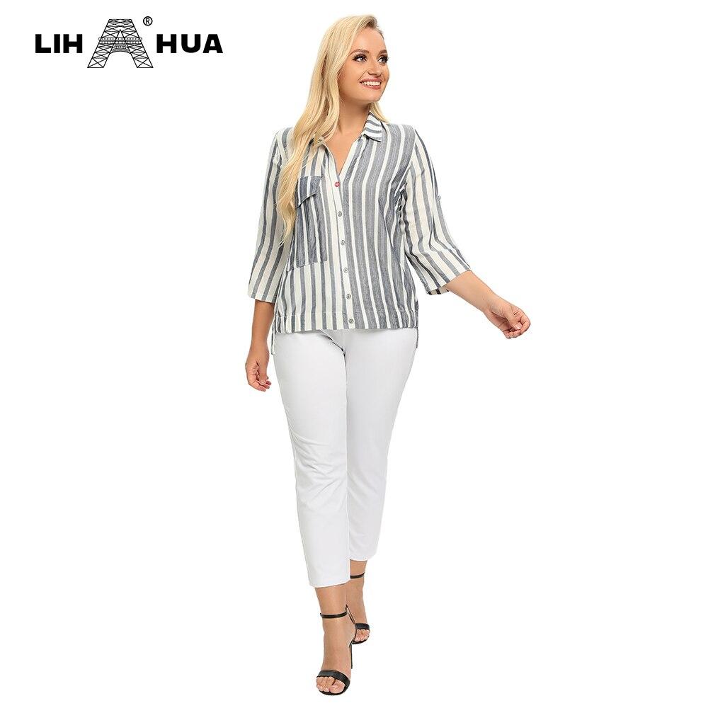 Women's plus size spring cotton striped shirt featuring pockets and button lapel, designed for casual wear.