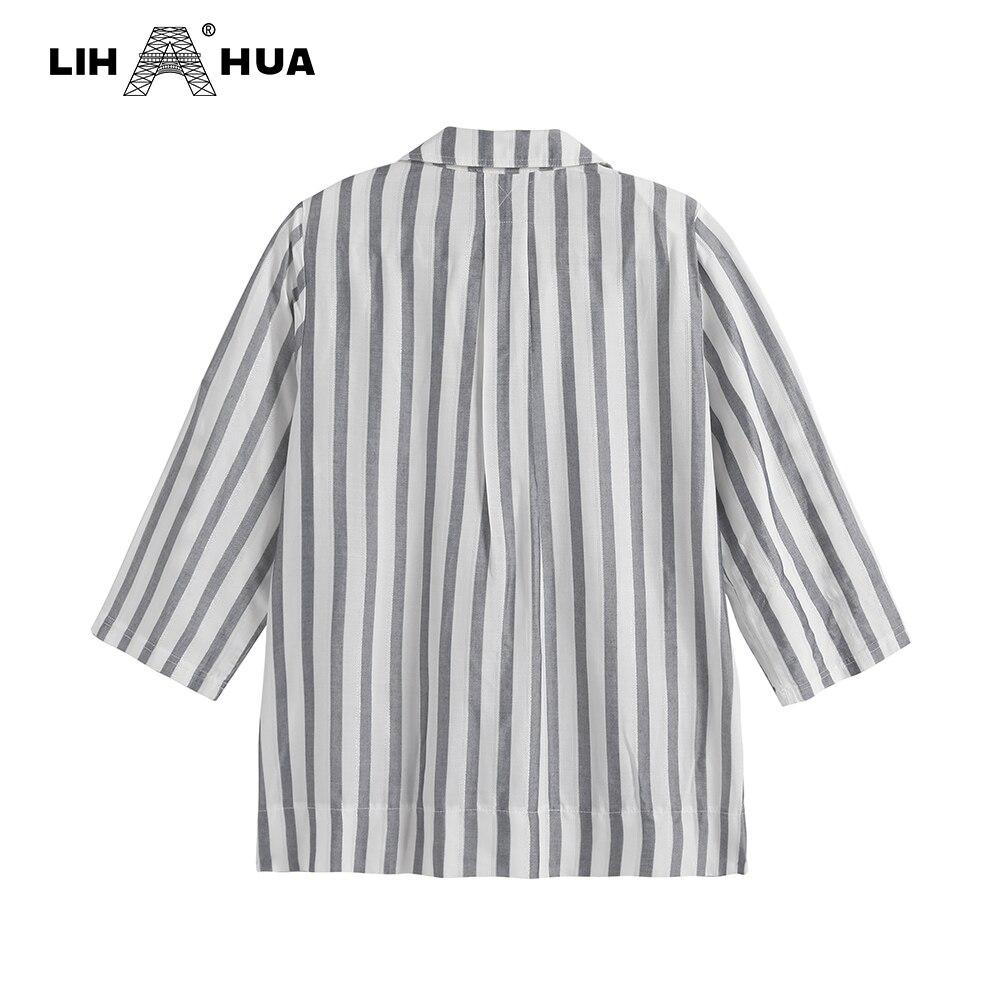 Women's plus size spring cotton striped shirt featuring pockets and button lapel, designed for casual wear.