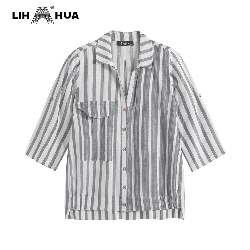 Women's plus size spring cotton striped shirt featuring pockets and button lapel, designed for casual wear.