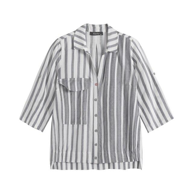 Women's plus size spring cotton striped shirt featuring pockets and button lapel, designed for casual wear.