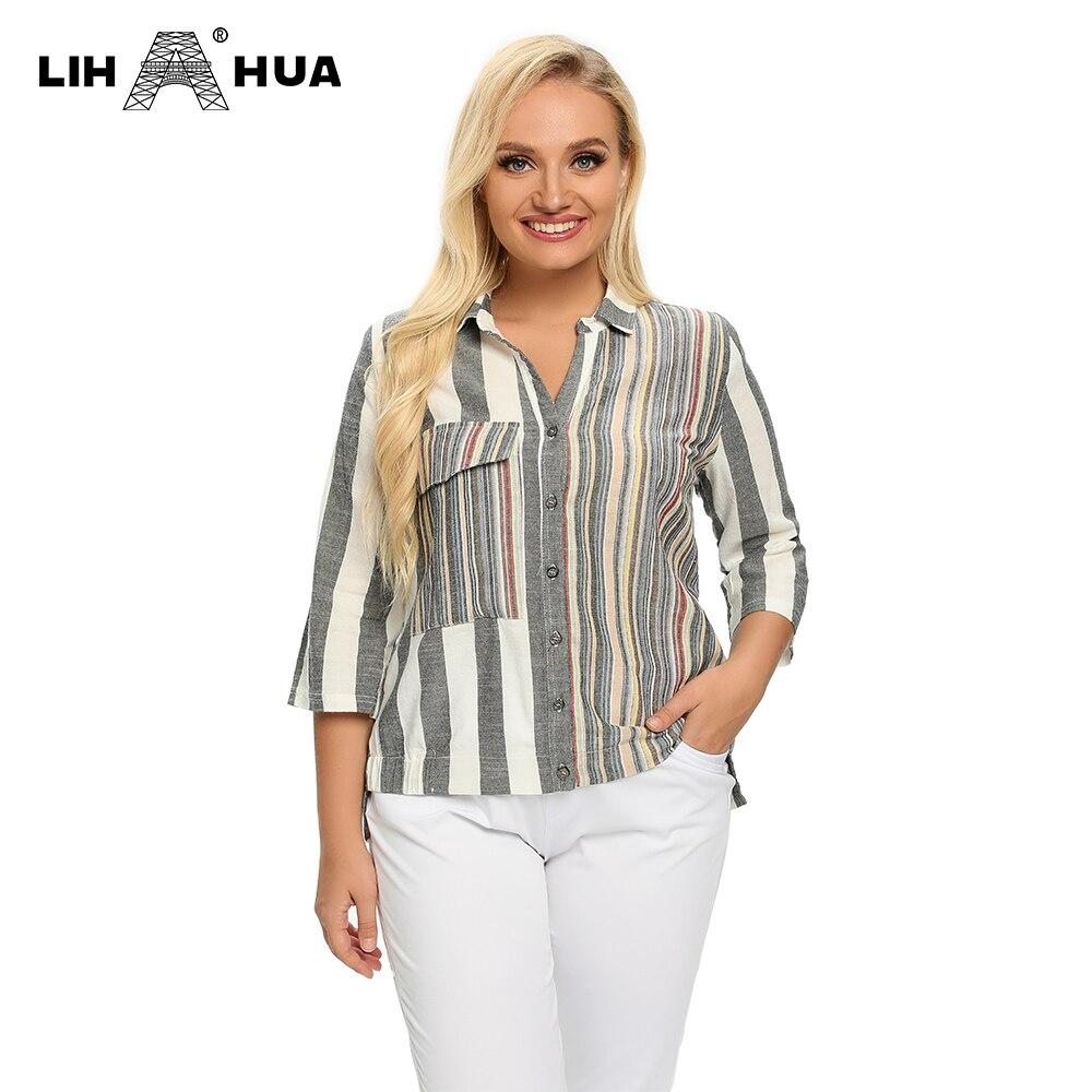 Women's plus size spring cotton striped shirt featuring pockets and button lapel, perfect for casual wear.