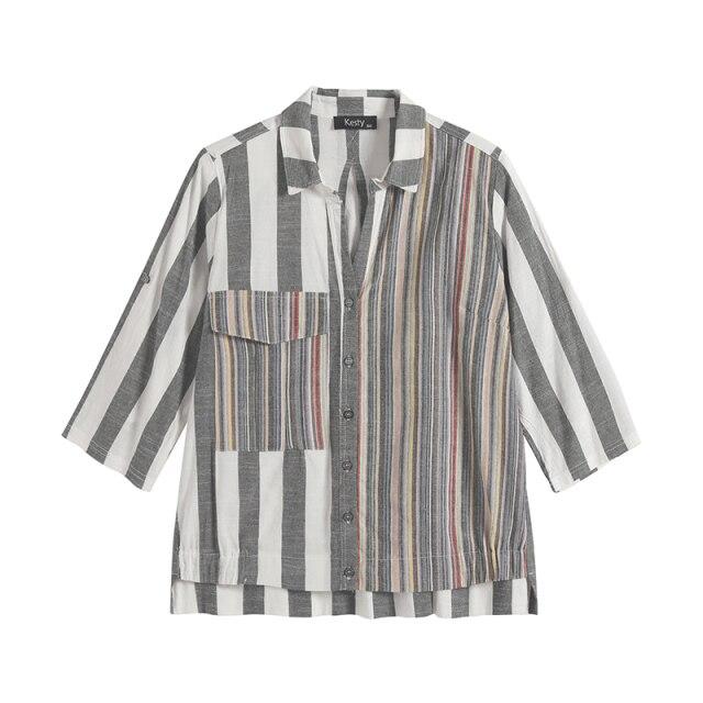 Women's plus size spring cotton striped shirt featuring pockets and button lapel, perfect for casual wear.