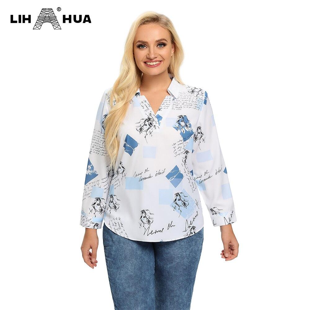 Women's plus size spring polyester t-shirt featuring buttons and printed letters, casual top with a turn-down collar.