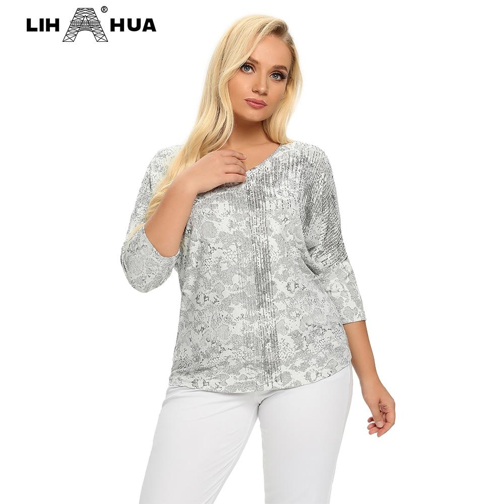 Women's Plus Size Summer T-shirt featuring a V-neck, 3/4 sleeves, and sequins decoration, made from a comfortable polyester blend.