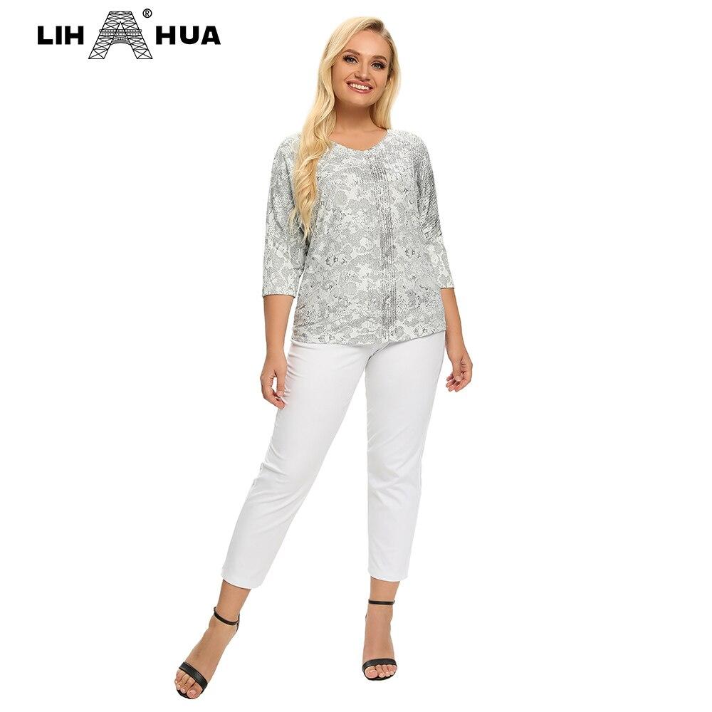 Women's Plus Size Summer T-shirt featuring a V-neck, 3/4 sleeves, and sequins decoration, made from a comfortable polyester blend.