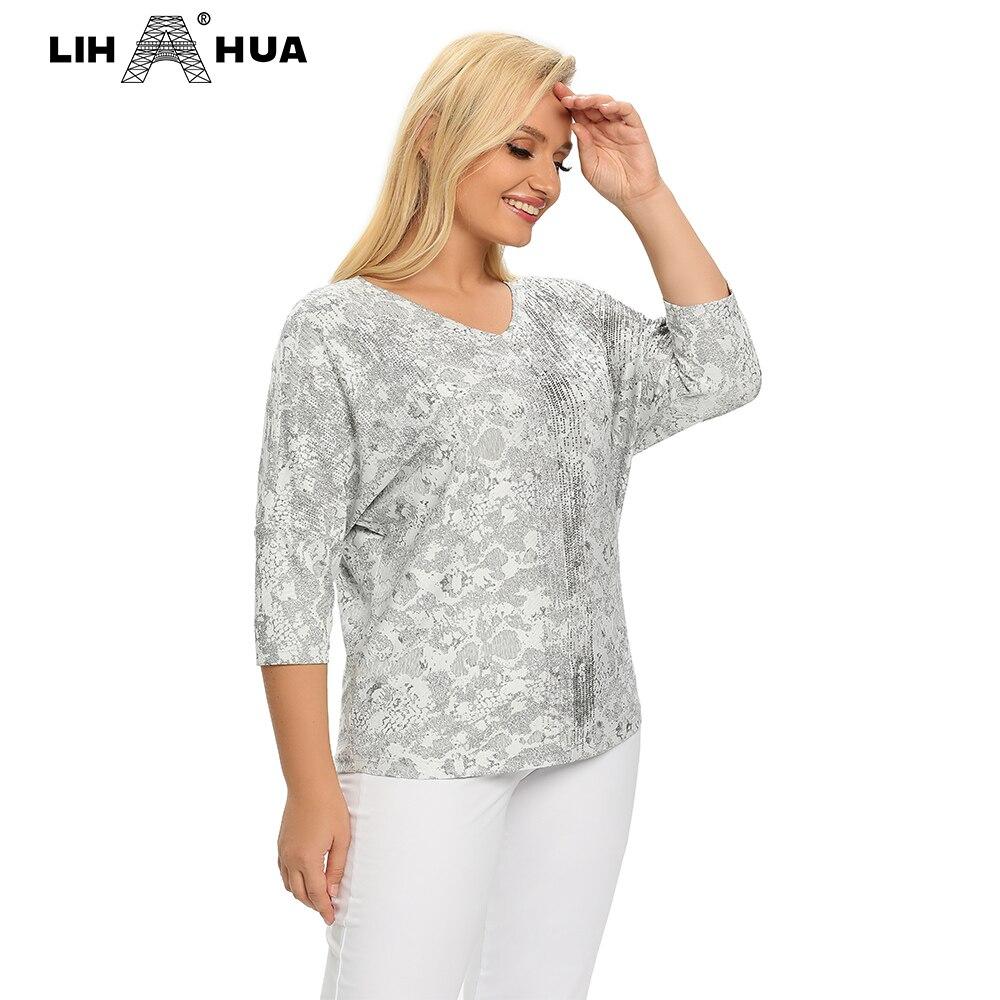 Women's Plus Size Summer T-shirt featuring a V-neck, 3/4 sleeves, and sequins decoration, made from a comfortable polyester blend.