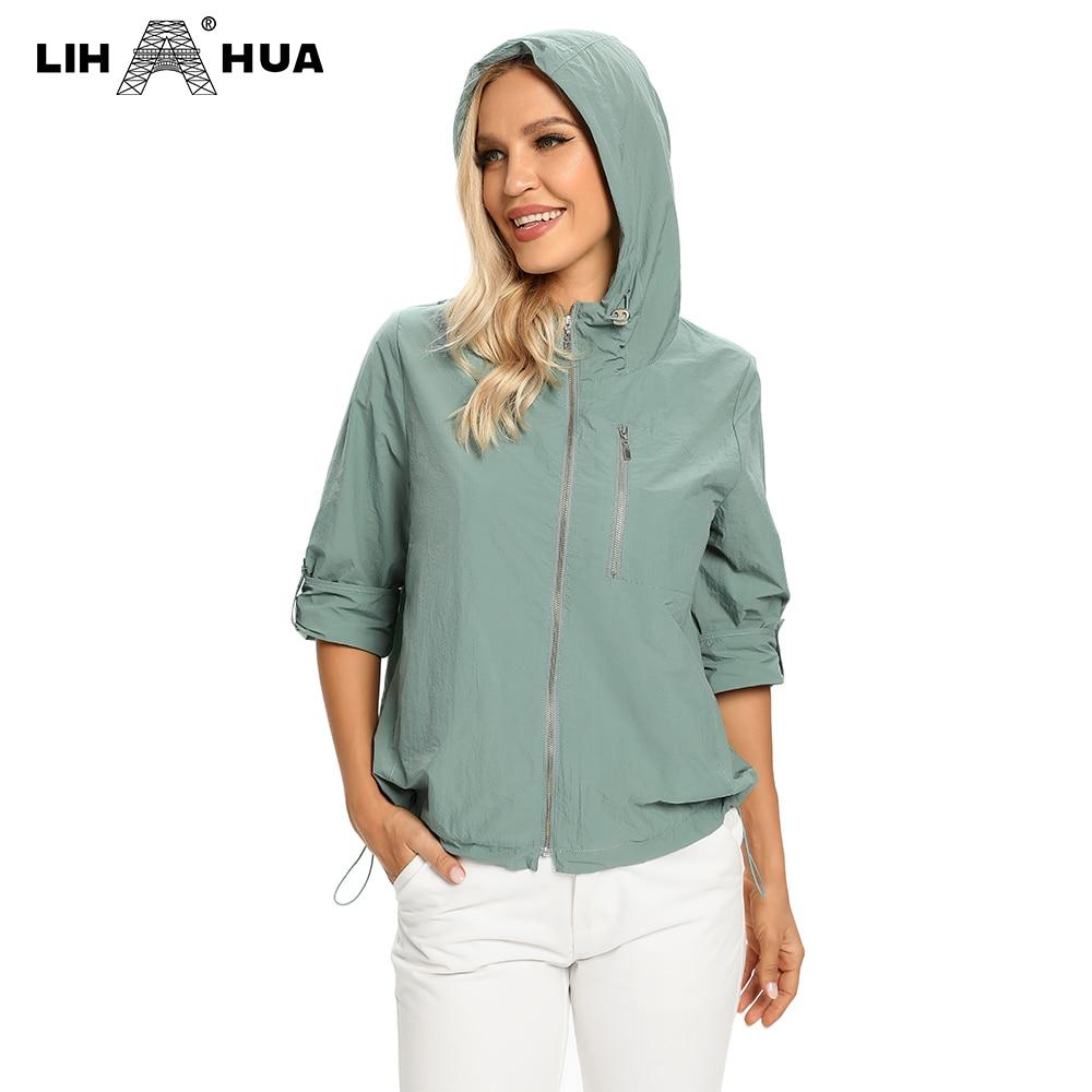 Women's Plus Size Windbreaker Short Hooded Jacket in denim fabric, featuring a casual design with a zipper closure and hood, perfect for spring and autumn.