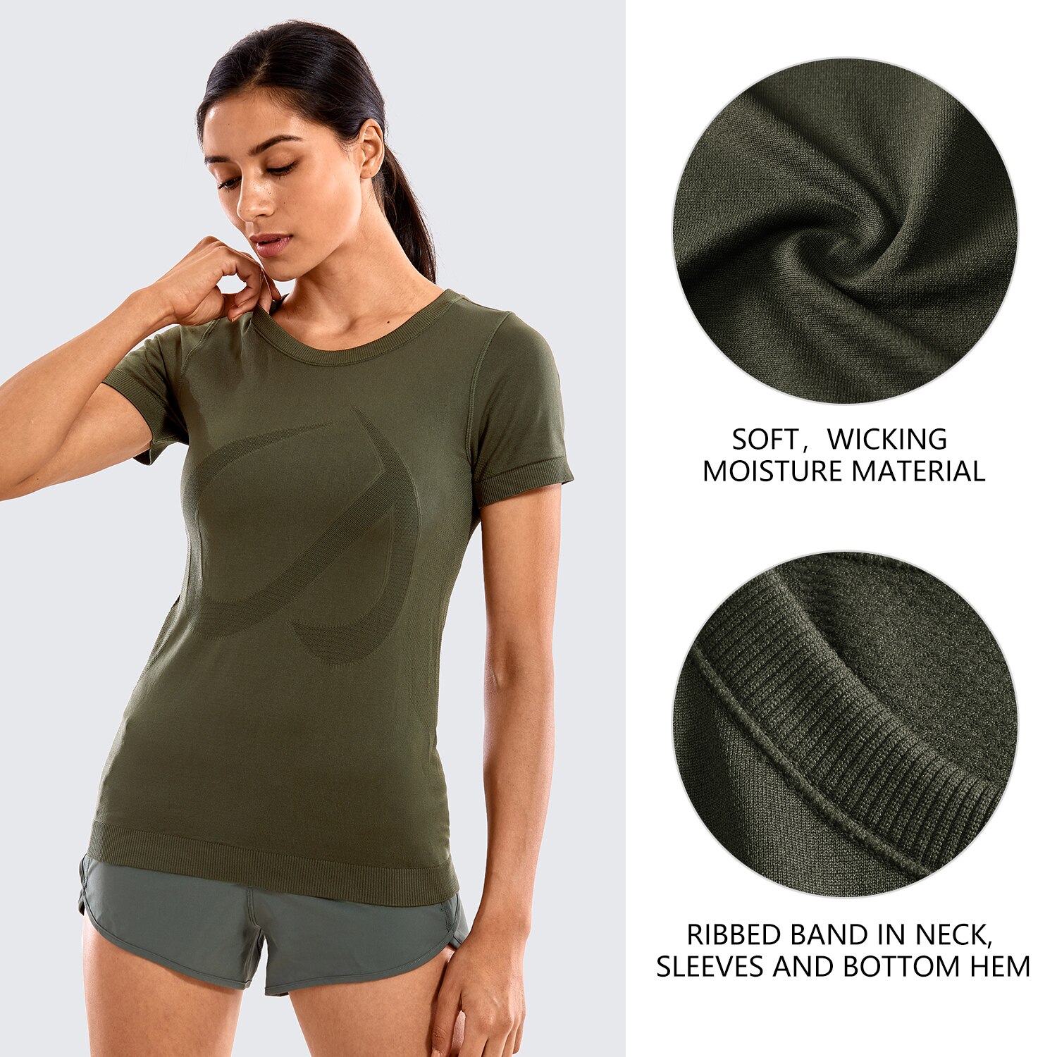 A stylish women's seamless active top in a vibrant color, designed for workouts and running, featuring short sleeves and a breathable fabric.