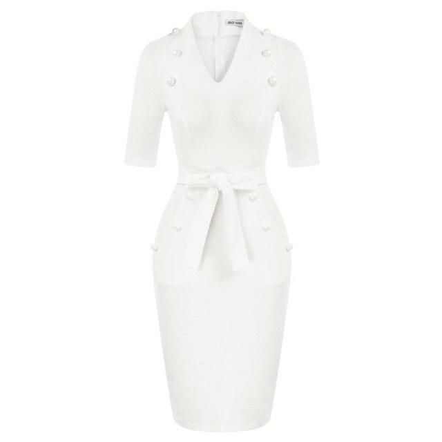 A stylish women's short sleeves V-neck bodycon pencil dress with buttons, perfect for summer occasions.