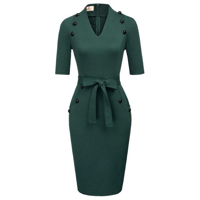 A stylish women's short sleeves V-neck bodycon pencil dress with buttons, perfect for summer occasions.