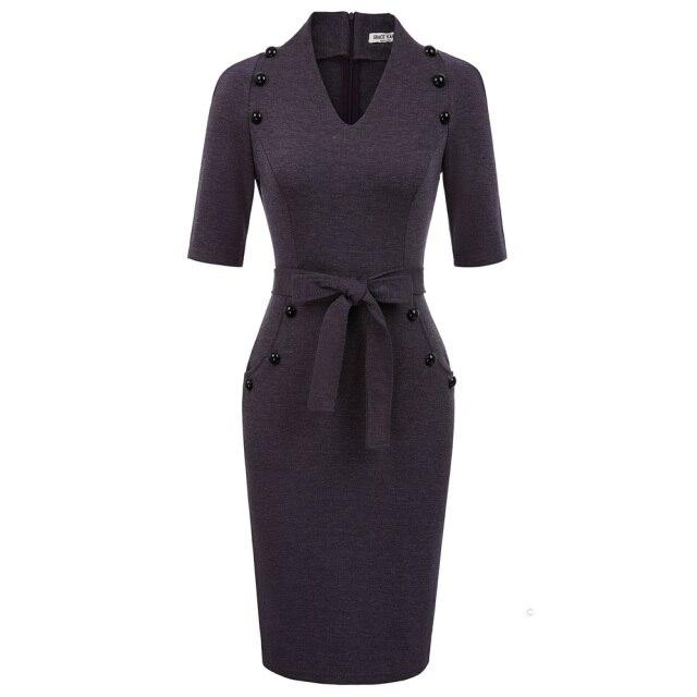 A stylish women's short sleeves V-neck bodycon pencil dress with buttons, perfect for summer occasions.