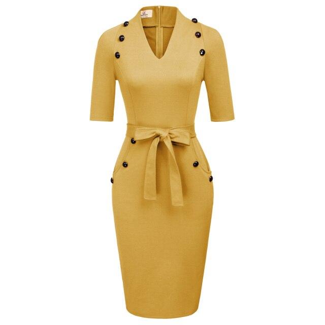 A stylish women's short sleeves V-neck bodycon pencil dress with buttons, perfect for summer occasions.