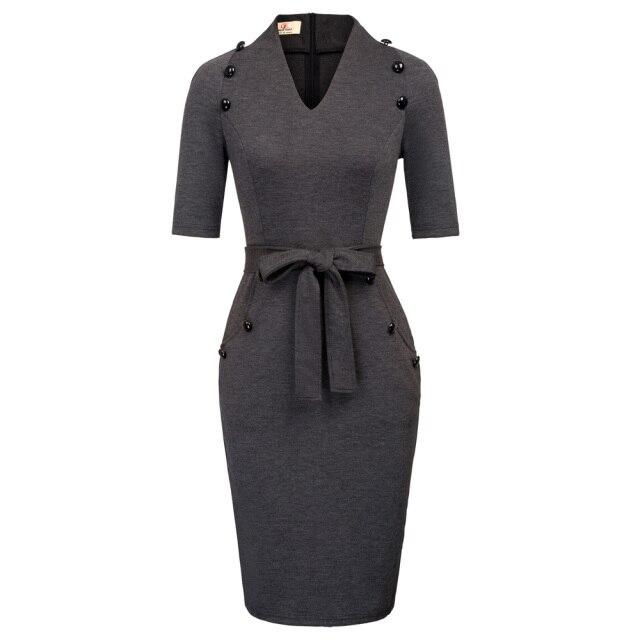 A stylish women's short sleeves V-neck bodycon pencil dress with buttons, perfect for summer occasions.