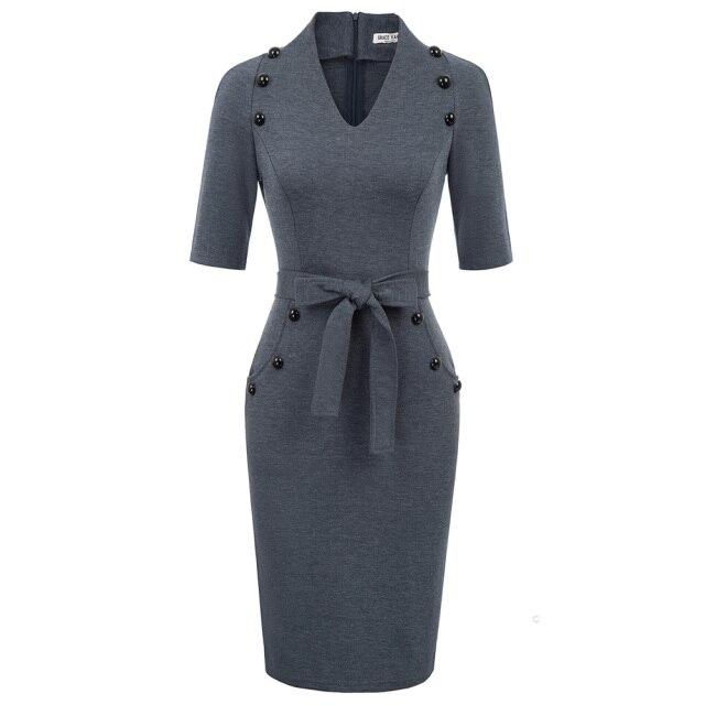 A stylish women's short sleeves V-neck bodycon pencil dress with buttons, perfect for summer occasions.