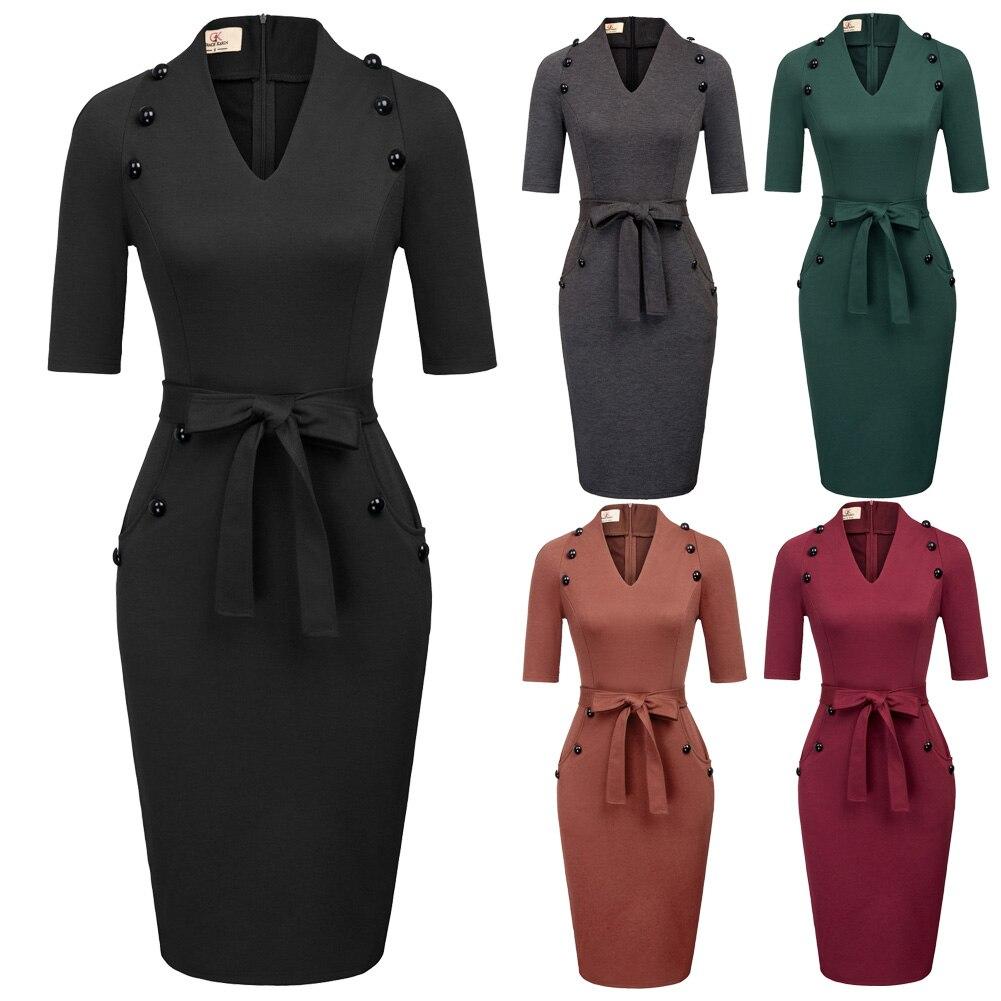 A stylish women's short sleeves V-neck bodycon pencil dress with buttons, perfect for summer occasions.