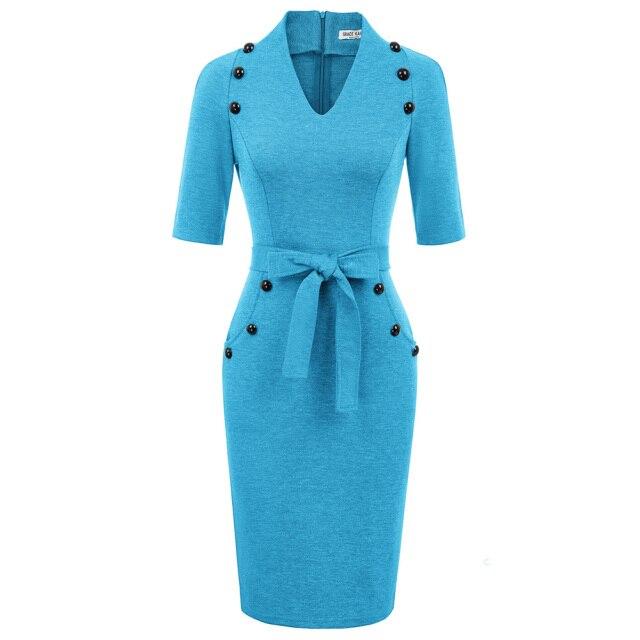 A stylish women's short sleeves V-neck bodycon pencil dress with buttons, perfect for summer occasions.