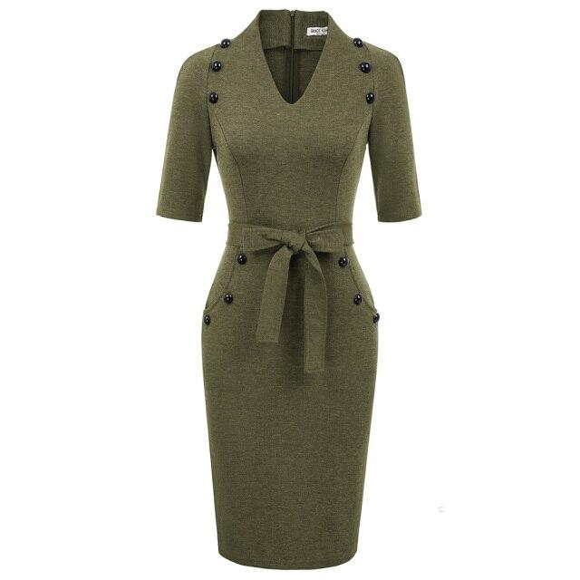 A stylish women's short sleeves V-neck bodycon pencil dress with buttons, perfect for summer occasions.