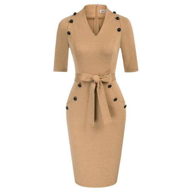 A stylish women's short sleeves V-neck bodycon pencil dress with buttons, perfect for summer occasions.