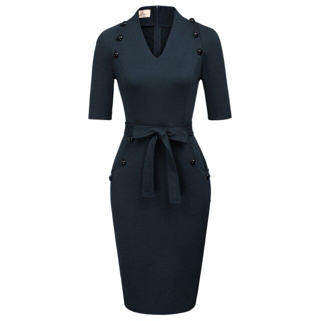 A stylish women's short sleeves V-neck bodycon pencil dress with buttons, perfect for summer occasions.