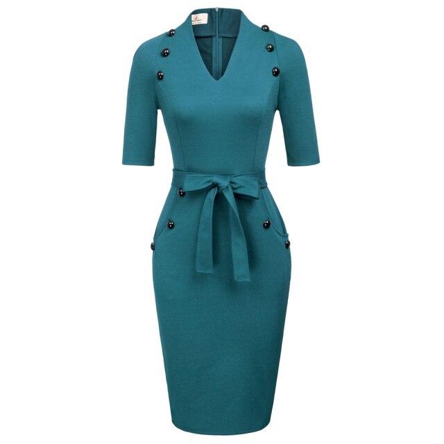 A stylish women's short sleeves V-neck bodycon pencil dress with buttons, perfect for summer occasions.