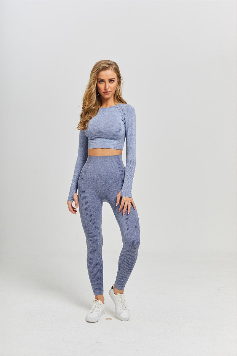 Women's seamless yoga set featuring a long sleeve crop top and high waist leggings in vibrant colors, perfect for fitness and yoga.