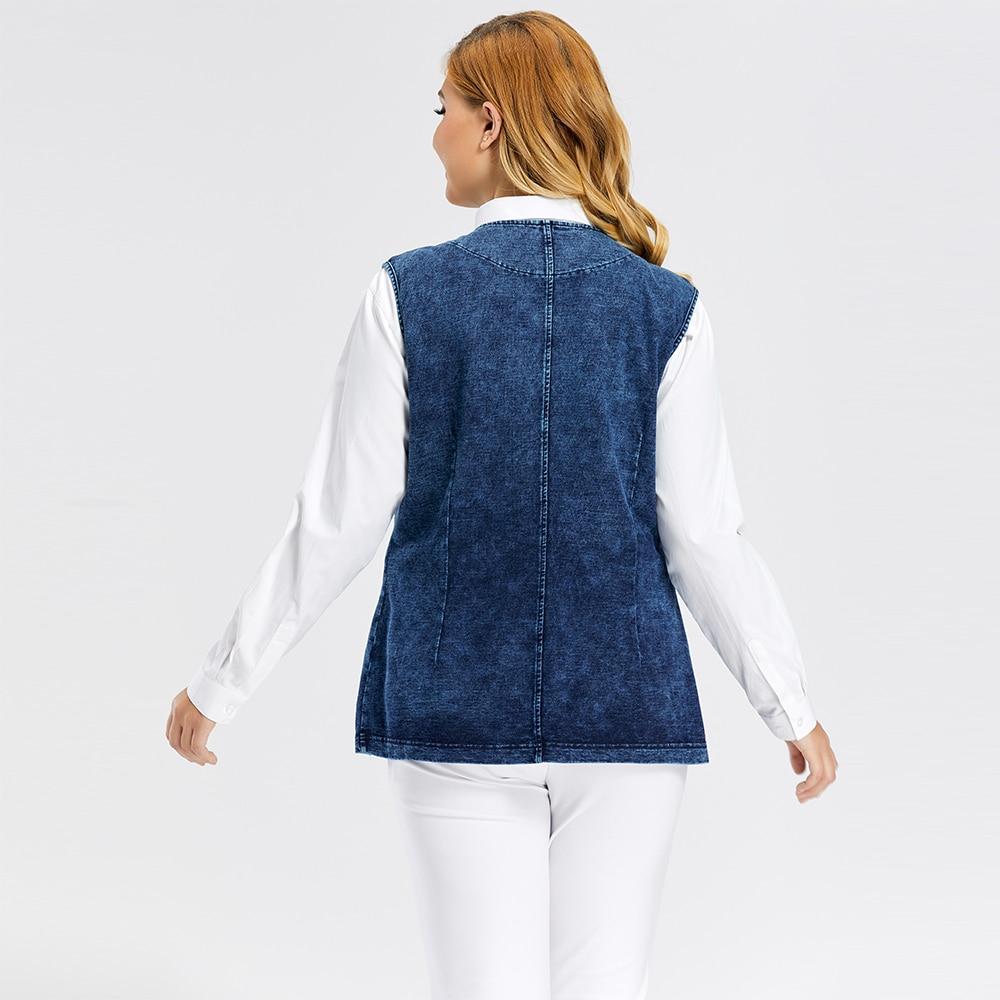 A stylish Women's Plus Size Casual Denim Vest featuring a solid pattern, draped and ruched details, and a zipper closure, perfect for Spring and Autumn.