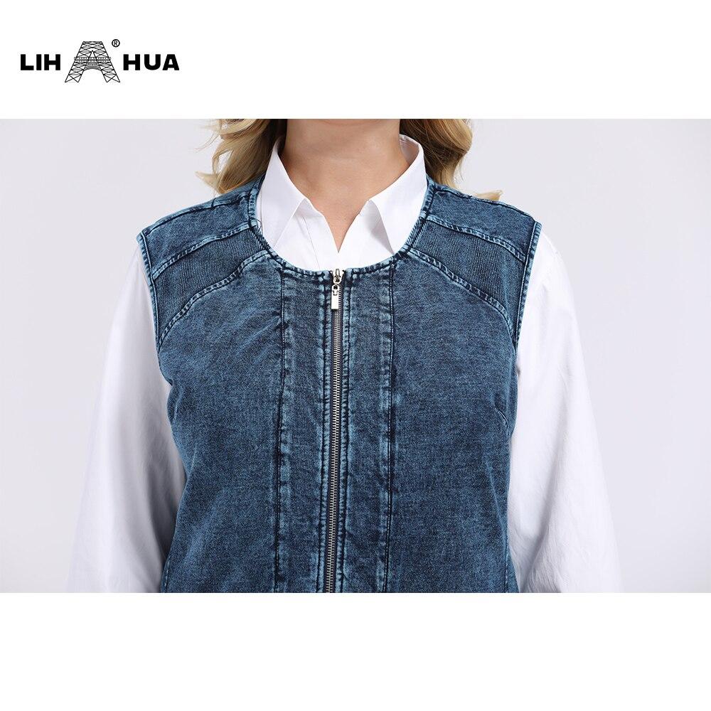 A stylish Women's Plus Size Casual Denim Vest featuring a solid pattern, draped and ruched details, and a zipper closure, perfect for Spring and Autumn.