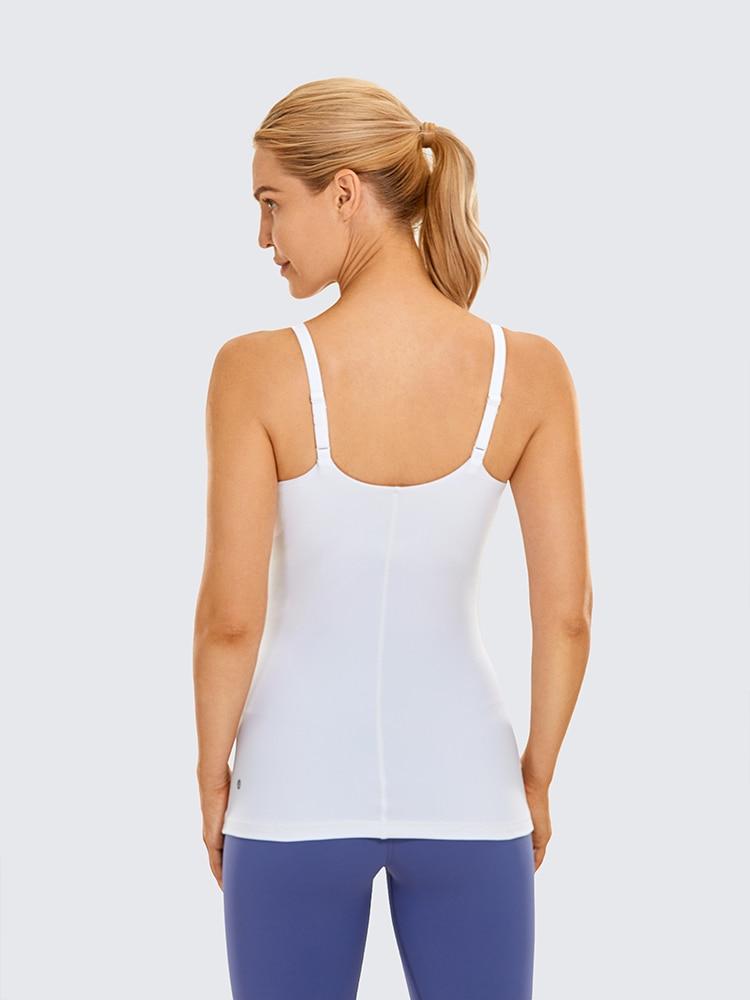 A stylish women's workout tank top featuring adjustable spaghetti straps and a built-in bra, perfect for yoga and athletic activities.