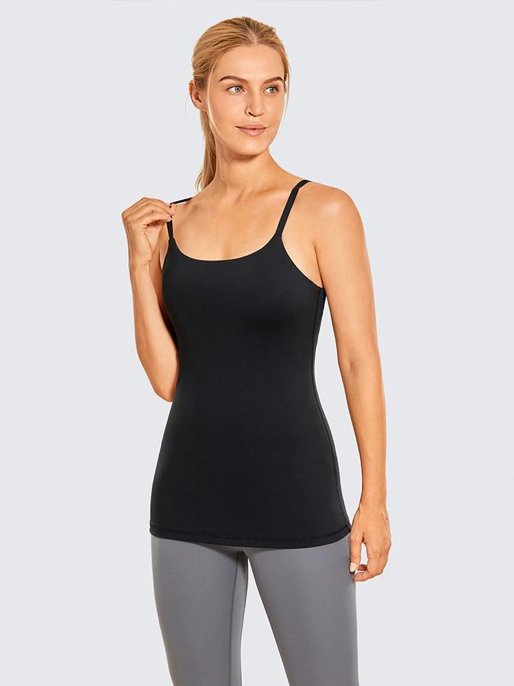 A stylish women's workout tank top featuring adjustable spaghetti straps and a built-in bra, perfect for yoga and athletic activities.