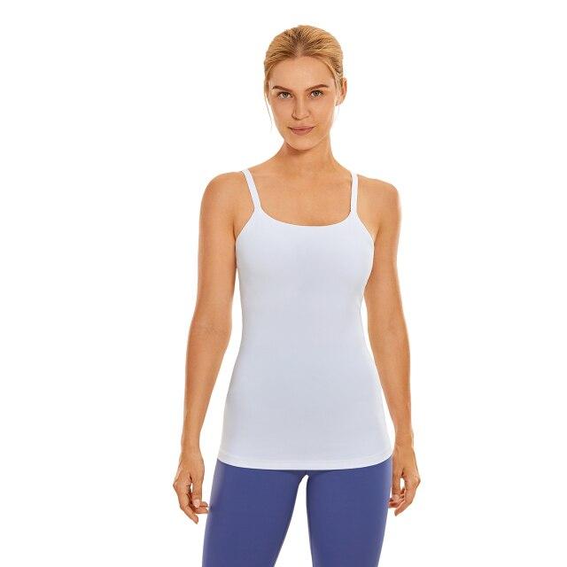 A stylish women's workout tank top featuring adjustable spaghetti straps and a built-in bra, perfect for yoga and athletic activities.