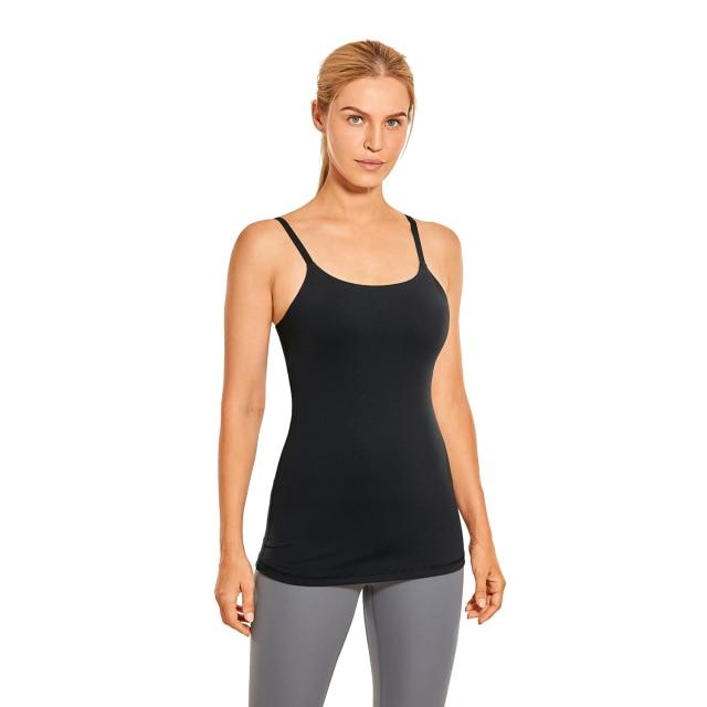 A stylish women's workout tank top featuring adjustable spaghetti straps and a built-in bra, perfect for yoga and athletic activities.