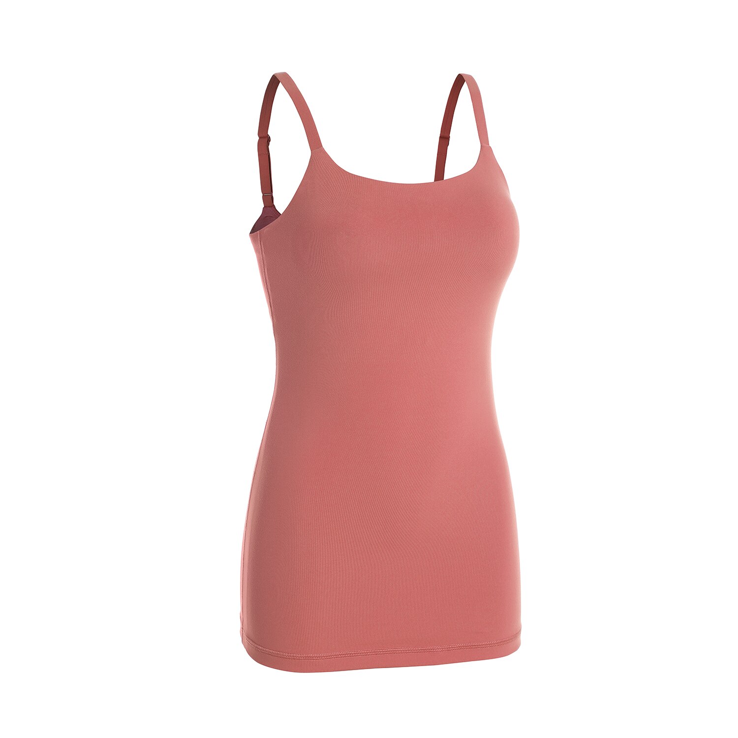 A stylish women's workout tank top featuring adjustable spaghetti straps and a built-in bra, perfect for yoga and athletic activities.