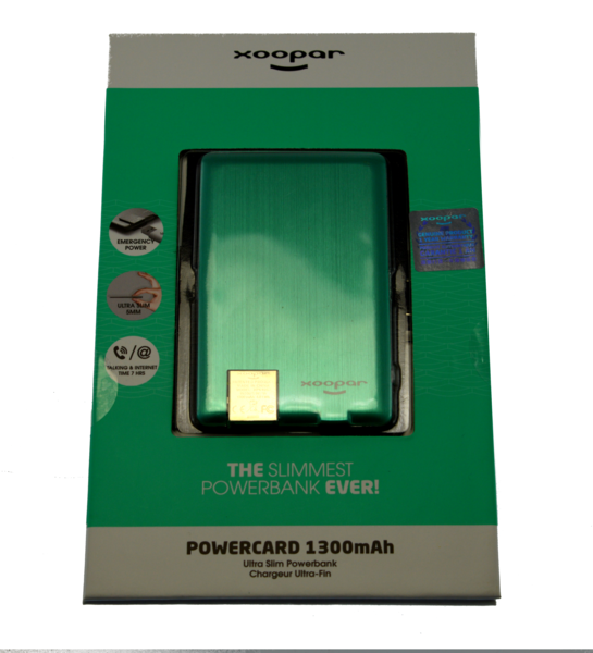 Mint colored world's slimmest powerbank with integrated micro-USB cable, designed to fit in wallet's credit card slots.