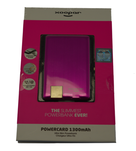 World's Slimmest Powerbank 1300mAH in pink, ultra-thin design fitting in a wallet's credit card slot.