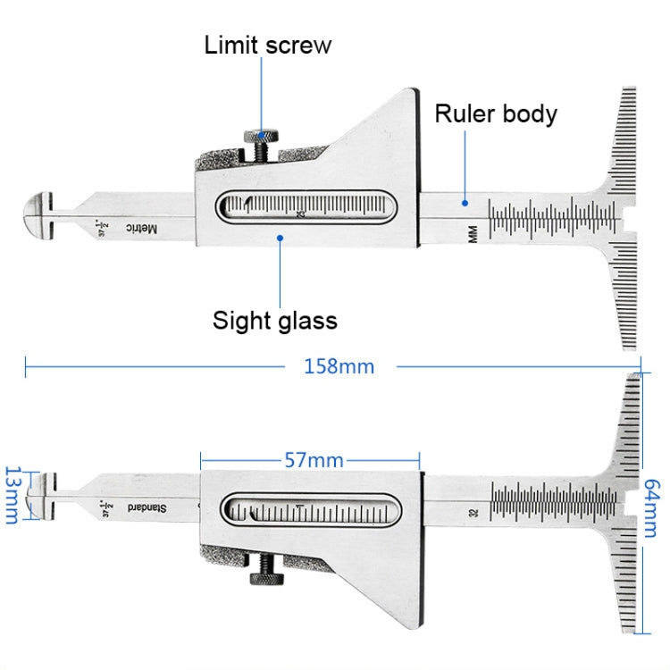 A stainless steel Wrong Side Ruler for weld seam measurements, featuring a laser scale and clear markings for accurate readings.