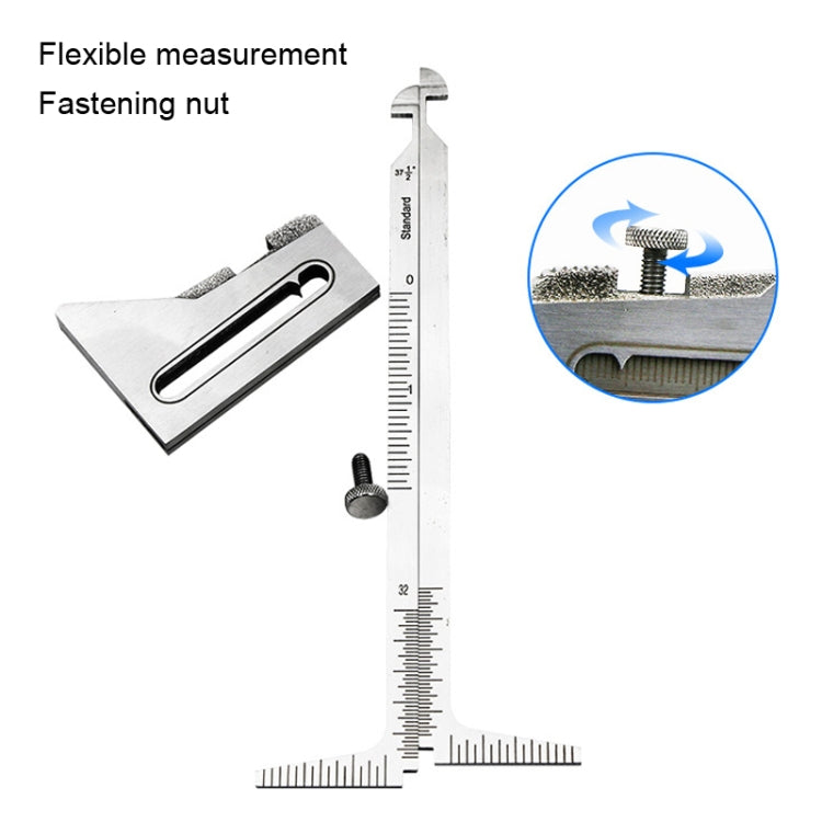 A stainless steel Wrong Side Ruler for weld seam measurements, featuring a laser scale and clear markings for accurate readings.