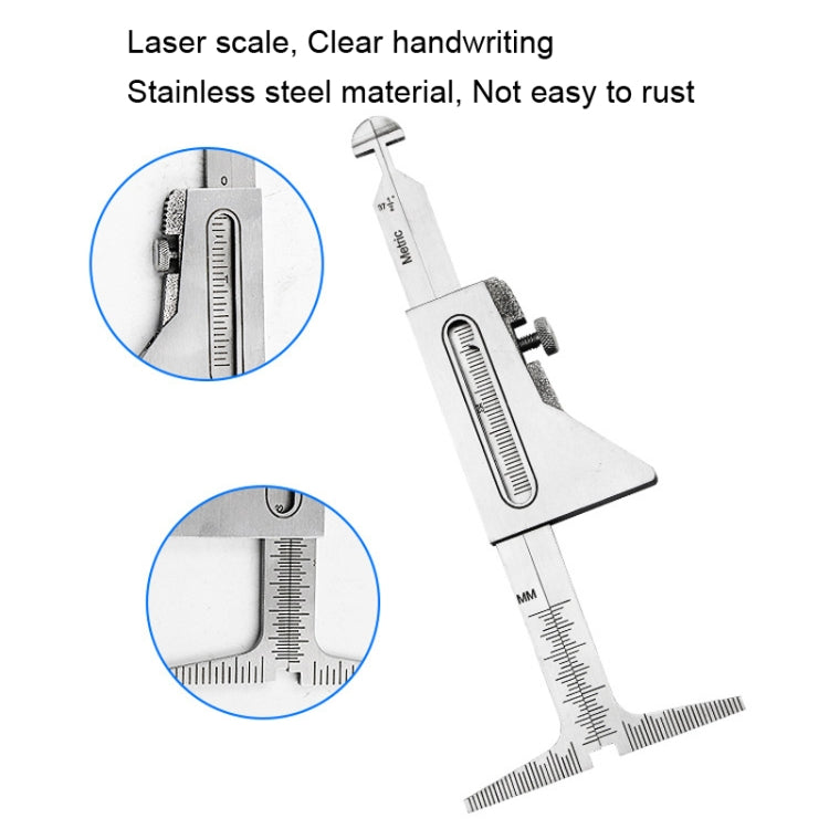 A stainless steel Wrong Side Ruler for weld seam measurements, featuring a laser scale and clear markings for accurate readings.