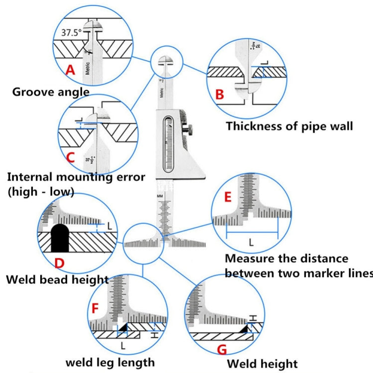 A stainless steel Wrong Side Ruler for weld seam measurements, featuring a laser scale and clear markings for accurate readings.