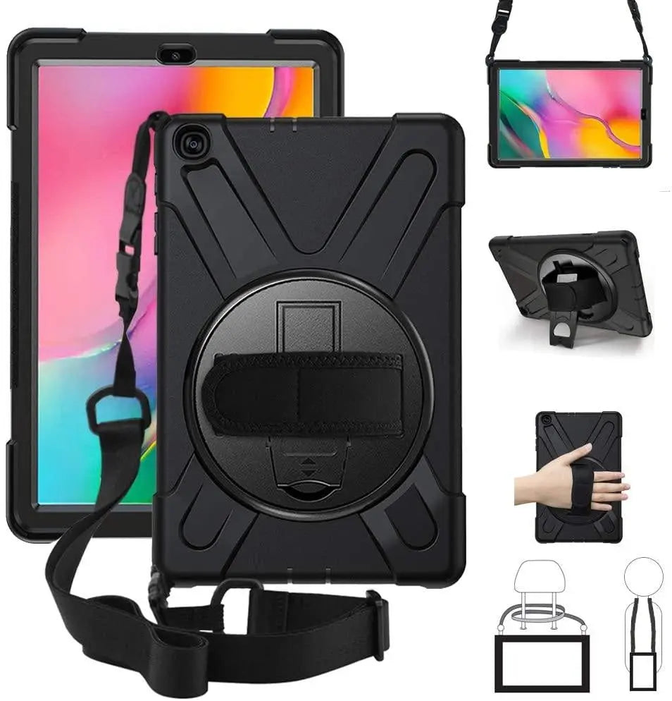 XTREME Black Case for Samsung Galaxy Tab A7, showcasing its rugged design, removable kickstand, and 360-degree rotatable hand strap.