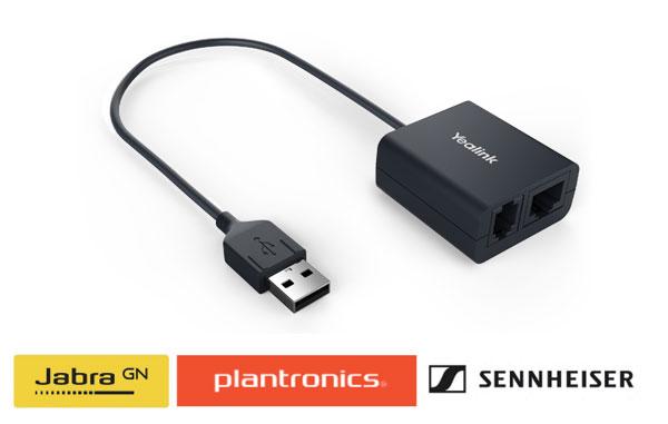 Yealink EHS40 Wireless Headset Adapter connected to a Yealink IP Phone, showcasing its USB and RJ ports.