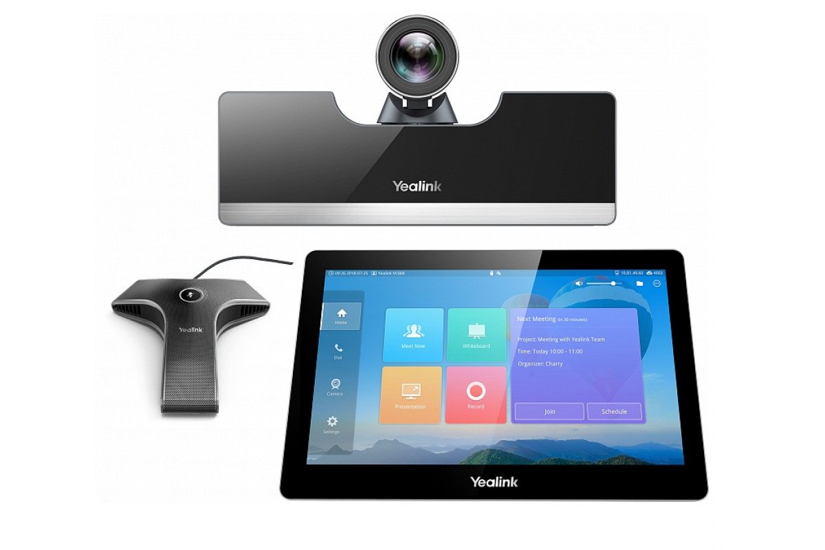 YEALINK VDK500-VCM-CTP-WP Demo Kit showcasing a 5x optical PTZ camera, conference phone, and wireless microphones for enhanced video conferencing.