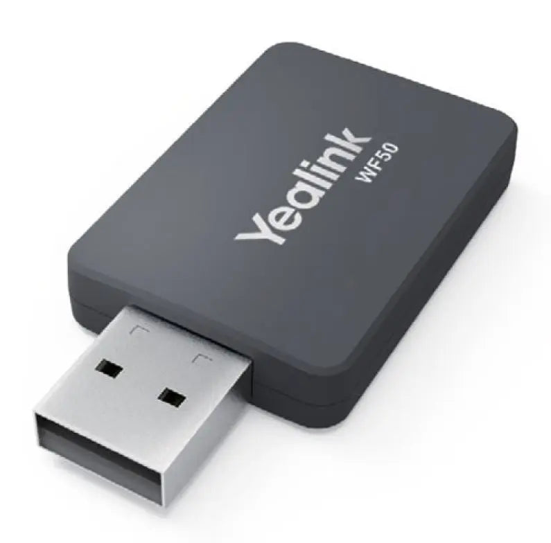 Yealink WF50 Dual Band WiFi USB Dongle with sleek design, showcasing dual-band connectivity features for Yealink IP Phones.