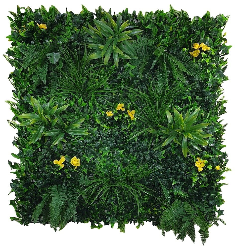 A vibrant Yellow Rose Vertical Garden sample featuring lush green foliage and bright yellow roses, perfect for enhancing any wall or space.